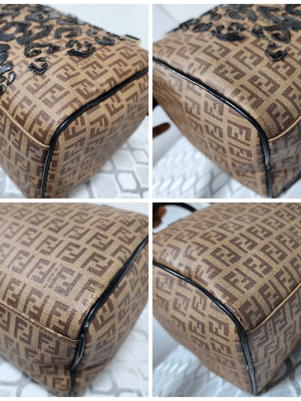 Fendi Zucchino Coated Canvas And Patent Leather Boston Bag Brown/Black